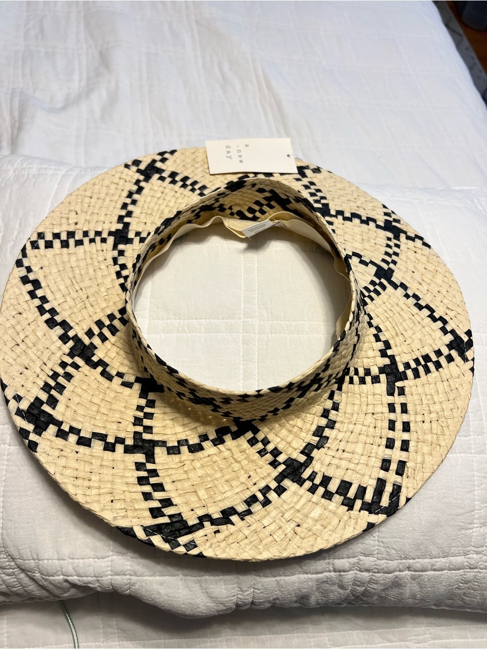 a new day Straw Sun Visor Hat in Natural and Black Geometric Pattern